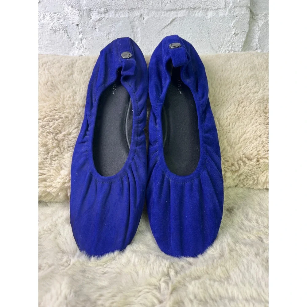 Tory Burch‎ Minnie Travel Ballet Flats Royal Blue Suede Ruched Foldable Womens 8